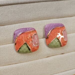 Vintage 80s Colorful Abstract Square Earrings • Pierced • Orange/Green & Purple